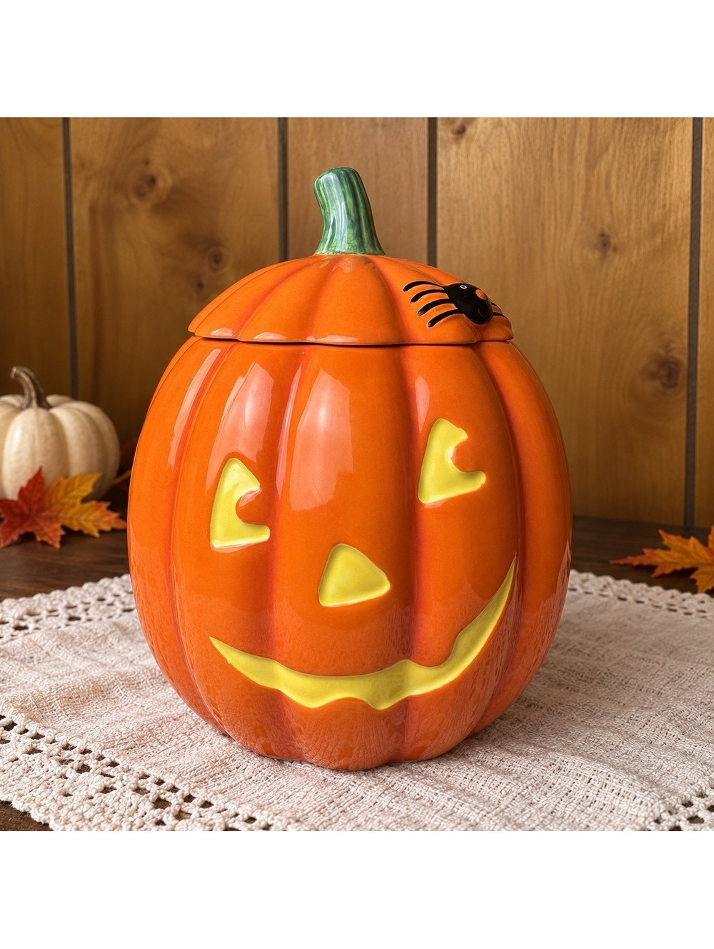 Halloween Jack O Lantern Cookie Jar Hallmark Pumpkin Spider Ceramic 7.5”